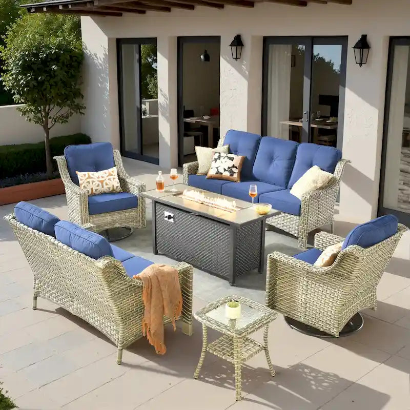 Ensemble de mobilier de jardin en résine tressée XIZZI 6 pièces avec table foyer