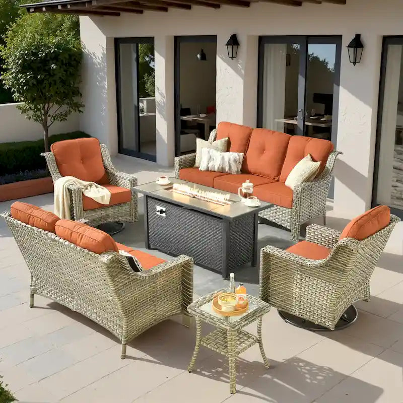 Ensemble de mobilier de jardin en résine tressée XIZZI 6 pièces avec table foyer
