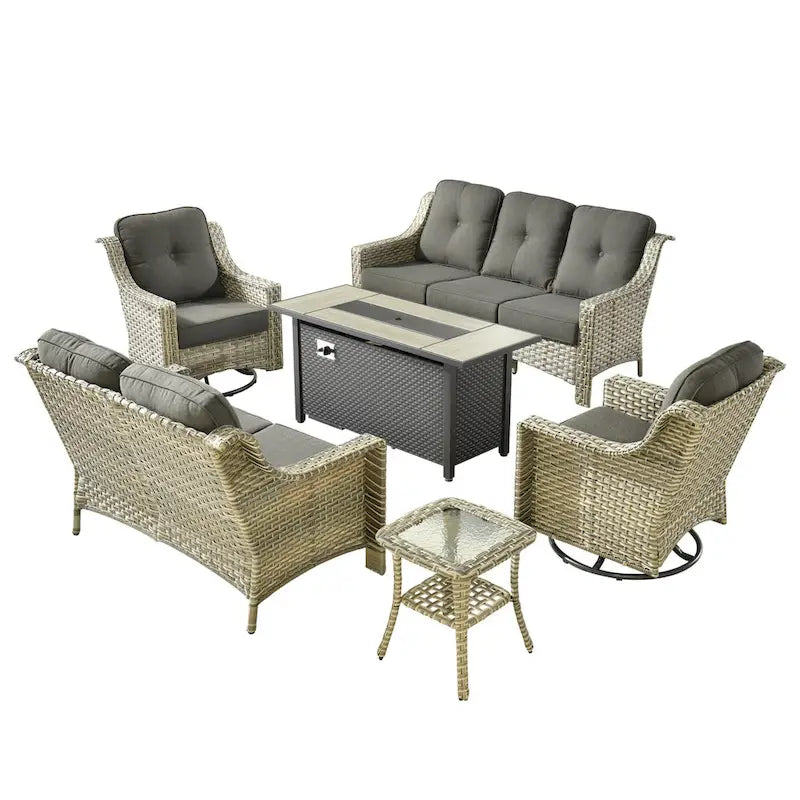 Ensemble de mobilier de jardin en résine tressée XIZZI 6 pièces avec table foyer