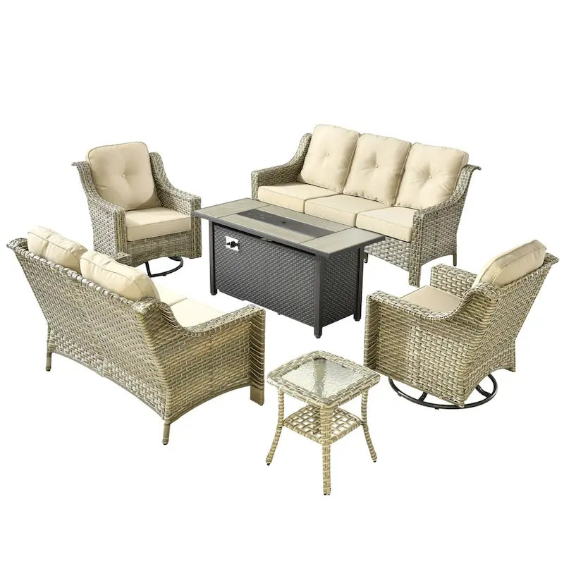 Ensemble de mobilier de jardin en résine tressée XIZZI 6 pièces avec table foyer