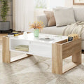 Table basse moderne, table centrale bicolore avec étagère de rangement ouverte et 2 tiroirs, idéale pour le salon ou la chambre.