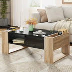 Table basse moderne, table centrale bicolore avec étagère de rangement ouverte et 2 tiroirs, idéale pour le salon ou la chambre.