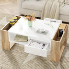 Table basse moderne, table centrale bicolore avec étagère de rangement ouverte et 2 tiroirs, idéale pour le salon ou la chambre.