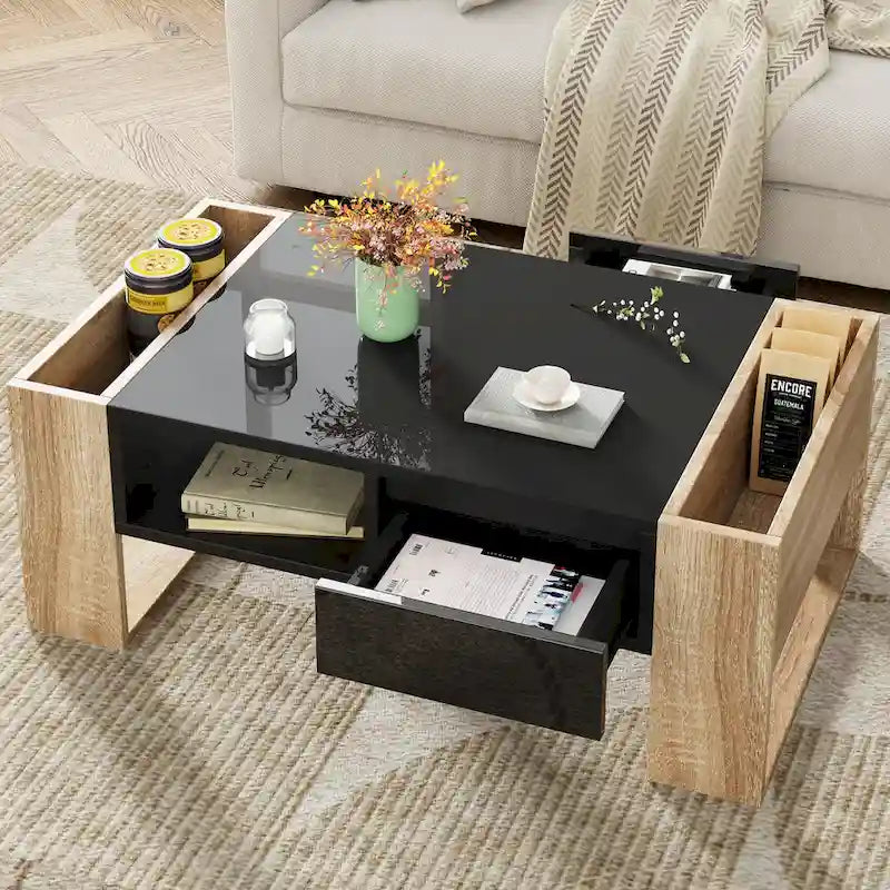 Table basse moderne, table centrale bicolore avec étagère de rangement ouverte et 2 tiroirs, idéale pour le salon ou la chambre.