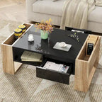 Table basse moderne, table centrale bicolore avec étagère de rangement ouverte et 2 tiroirs, idéale pour le salon ou la chambre.