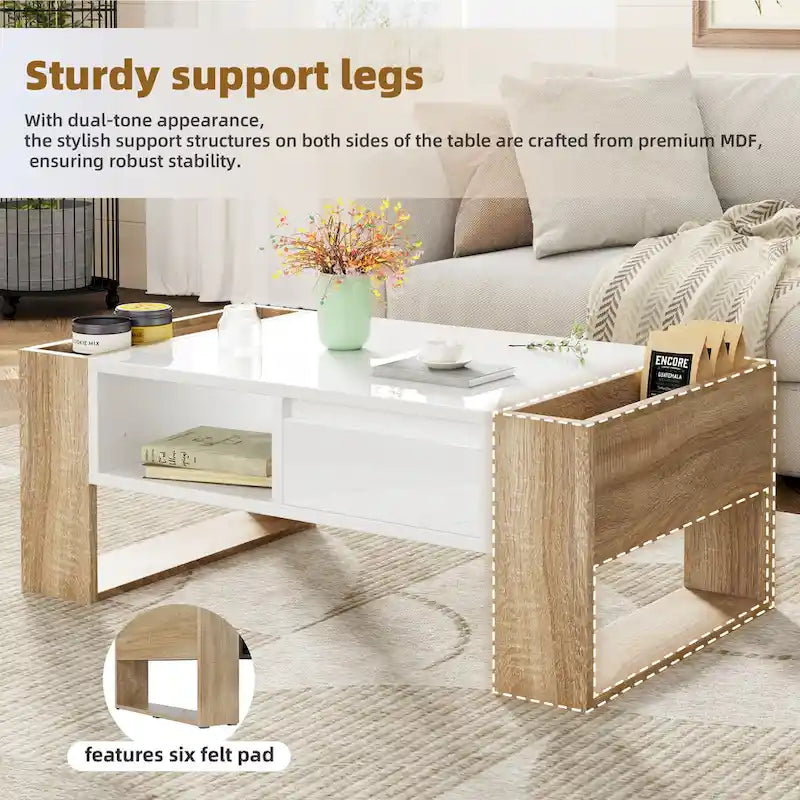 Table basse moderne, table centrale bicolore avec étagère de rangement ouverte et 2 tiroirs, idéale pour le salon ou la chambre.