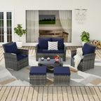 Ensemble de mobilier de jardin en résine tressée 6 pièces avec table basse et pouf en verre trempé