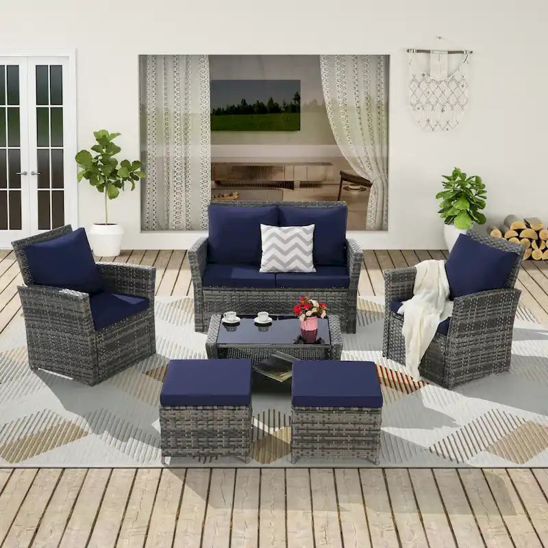 Ensemble de mobilier de jardin en résine tressée 6 pièces avec table basse et pouf en verre trempé