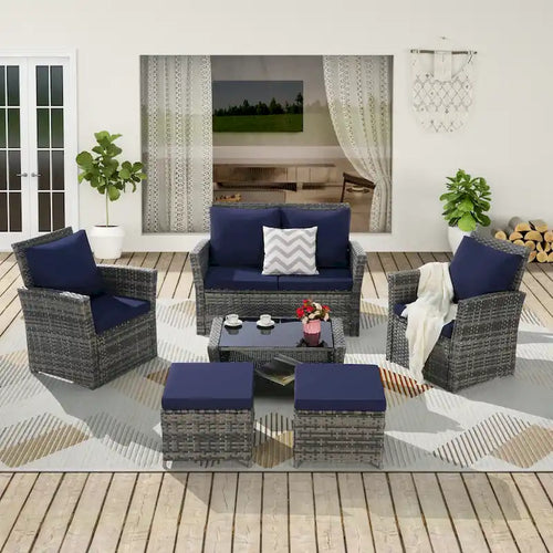 Ensemble de mobilier de jardin en résine tressée 6 pièces avec table basse et pouf en verre trempé