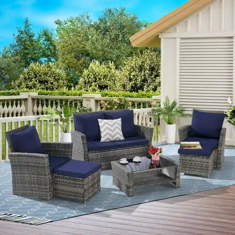 Ensemble de mobilier de jardin en résine tressée 6 pièces avec table basse et pouf en verre trempé