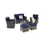 Ensemble de mobilier de jardin en résine tressée 6 pièces avec table basse et pouf en verre trempé