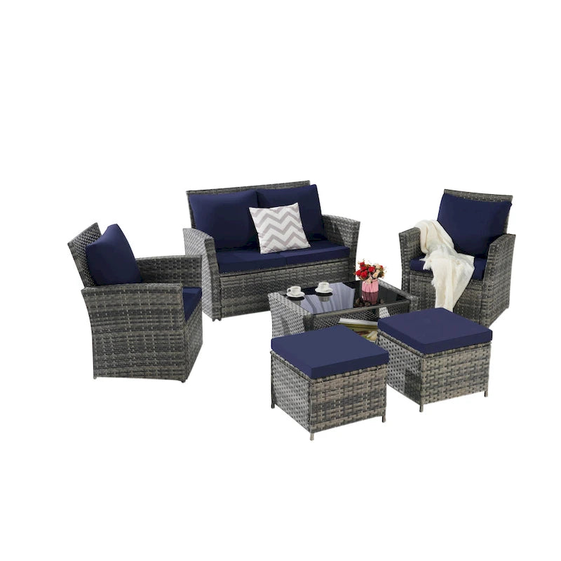 Ensemble de mobilier de jardin en résine tressée 6 pièces avec table basse et pouf en verre trempé