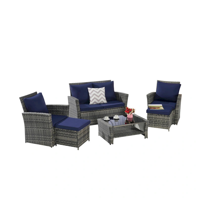 Ensemble de mobilier de jardin en résine tressée 6 pièces avec table basse et pouf en verre trempé