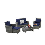 Ensemble de mobilier de jardin en résine tressée 6 pièces avec table basse et pouf en verre trempé