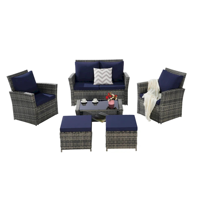 Ensemble de mobilier de jardin en résine tressée 6 pièces avec table basse et pouf en verre trempé