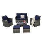 Ensemble de mobilier de jardin en résine tressée 6 pièces avec table basse et pouf en verre trempé