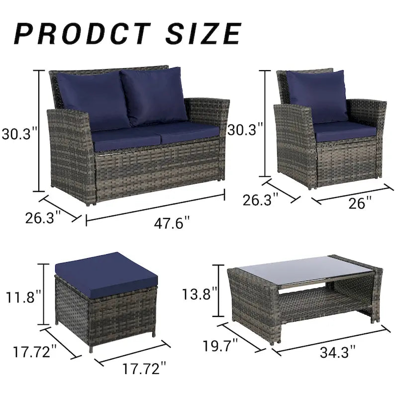 Ensemble de mobilier de jardin en résine tressée 6 pièces avec table basse et pouf en verre trempé