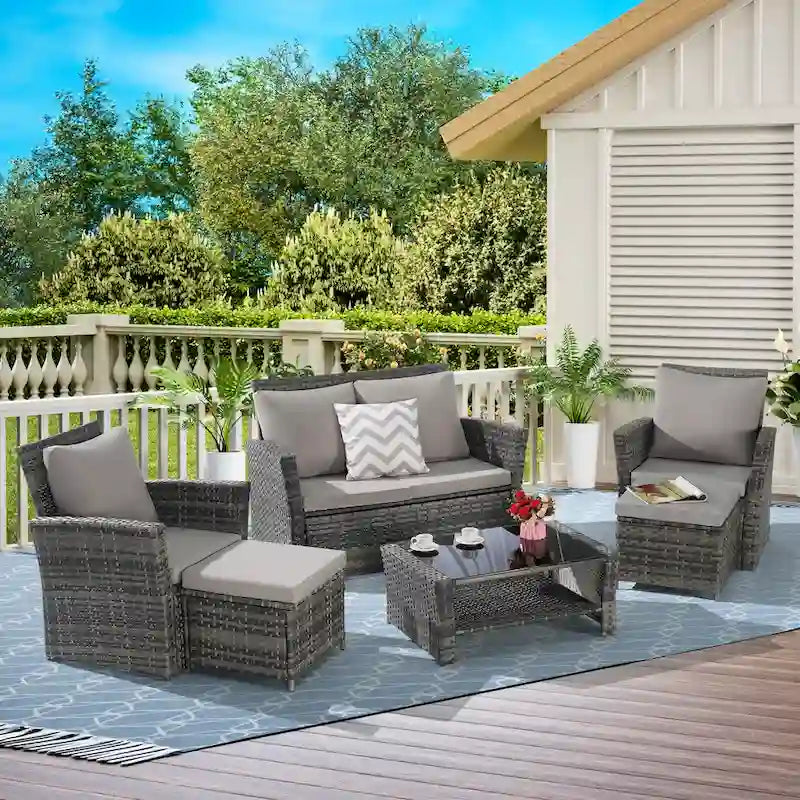 Ensemble de mobilier de jardin en résine tressée 6 pièces avec table basse et pouf en verre trempé