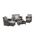 Ensemble de mobilier de jardin en résine tressée 6 pièces avec table basse et pouf en verre trempé