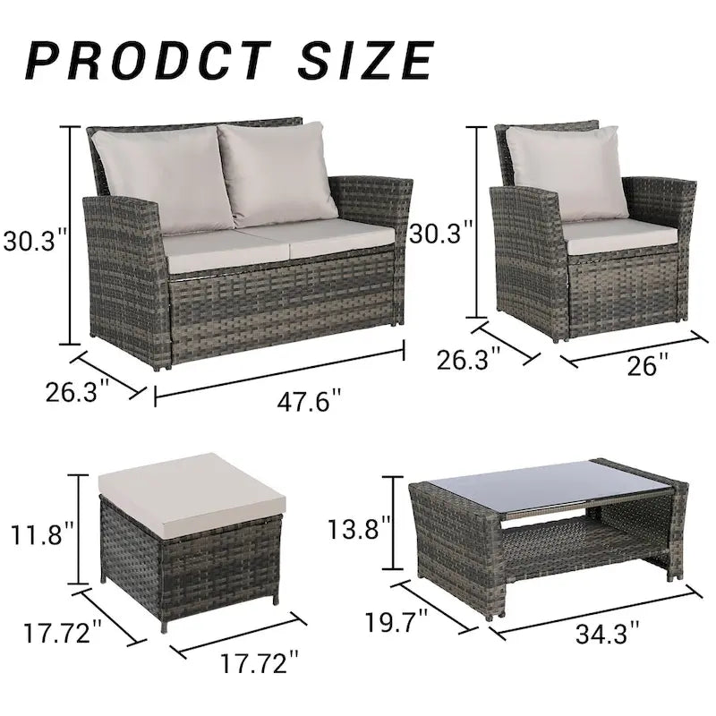 Ensemble de mobilier de jardin en résine tressée 6 pièces avec table basse et pouf en verre trempé
