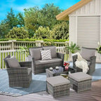 Ensemble de mobilier de jardin en résine tressée 6 pièces avec table basse et pouf en verre trempé