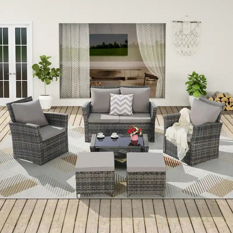 Ensemble de mobilier de jardin en résine tressée 6 pièces avec table basse et pouf en verre trempé