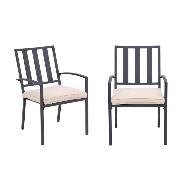Ensemble de deux chaises de salle à manger empilables d'extérieur en aluminium gris foncé avec coussin beige