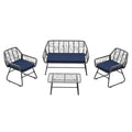 Ensemble de patio en osier 4 pièces avec table en verre trempé et coussins bleus amovibles