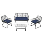 Ensemble de patio en osier 4 pièces avec table en verre trempé et coussins bleus amovibles