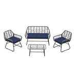 4-Piece Wicker Patio Set with Tempered Glass Table and Detachable Blue Cushions