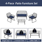 Ensemble de patio en osier 4 pièces avec table en verre trempé et coussins bleus amovibles