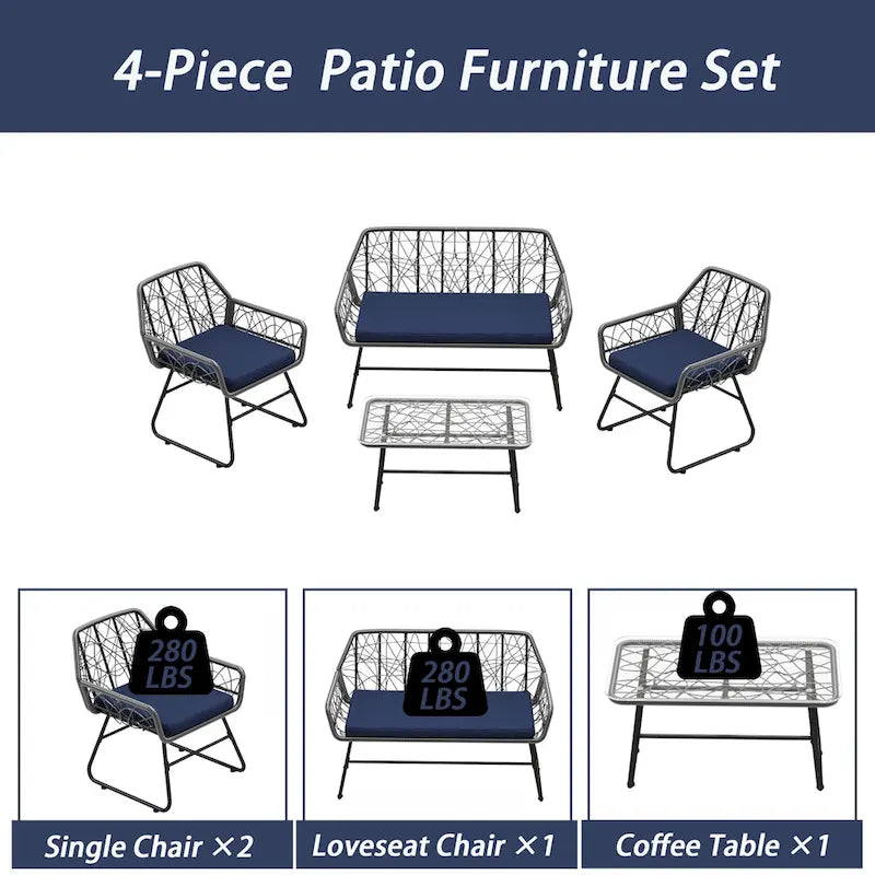 Ensemble de patio en osier 4 pièces avec table en verre trempé et coussins bleus amovibles
