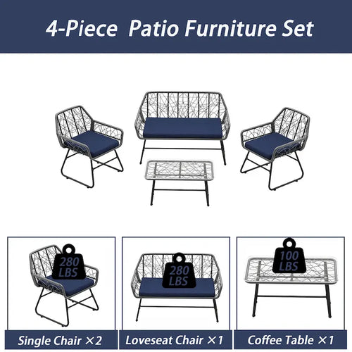 Ensemble de patio en osier 4 pièces avec table en verre trempé et coussins bleus amovibles
