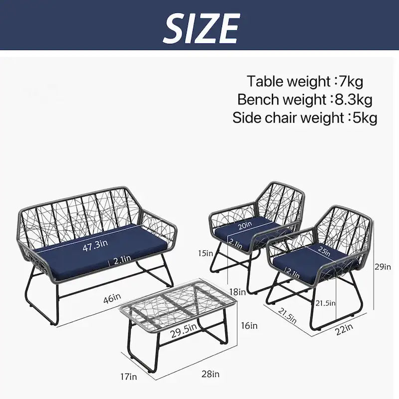 Ensemble de patio en osier 4 pièces avec table en verre trempé et coussins bleus amovibles