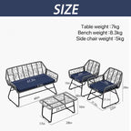 Ensemble de patio en osier 4 pièces avec table en verre trempé et coussins bleus amovibles