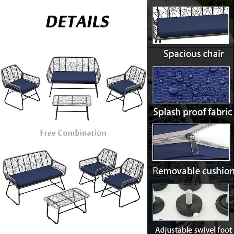 Ensemble de patio en osier 4 pièces avec table en verre trempé et coussins bleus amovibles