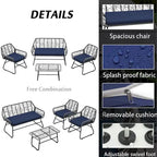 Ensemble de patio en osier 4 pièces avec table en verre trempé et coussins bleus amovibles