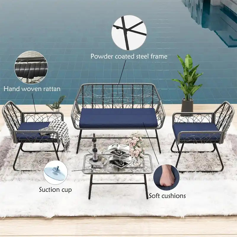 Ensemble de patio en osier 4 pièces avec table en verre trempé et coussins bleus amovibles