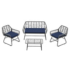 Ensemble de patio en osier 4 pièces avec table en verre trempé et coussins bleus amovibles