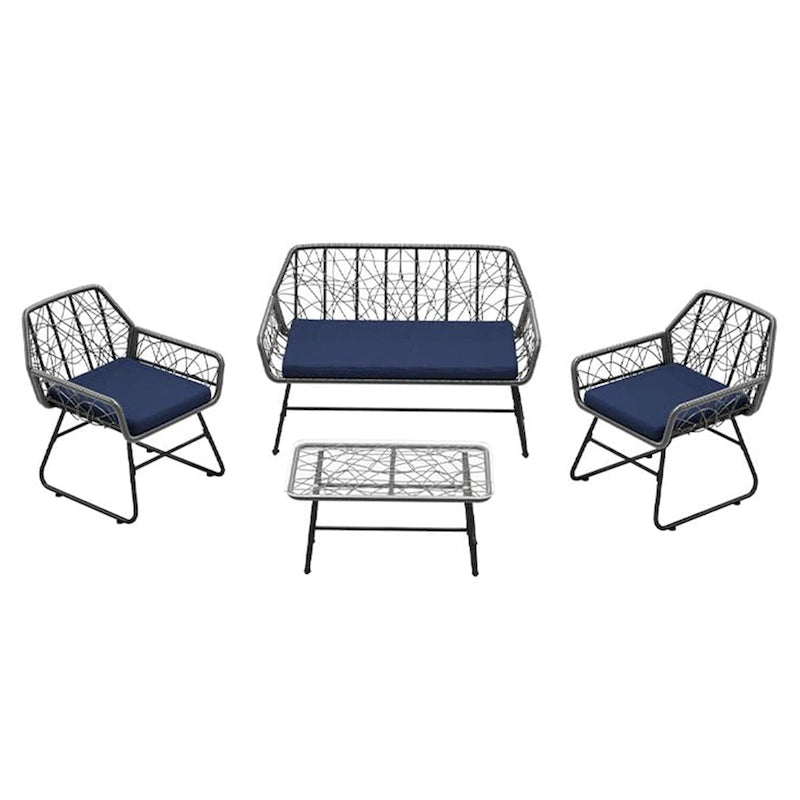 Ensemble de patio en osier 4 pièces avec table en verre trempé et coussins bleus amovibles