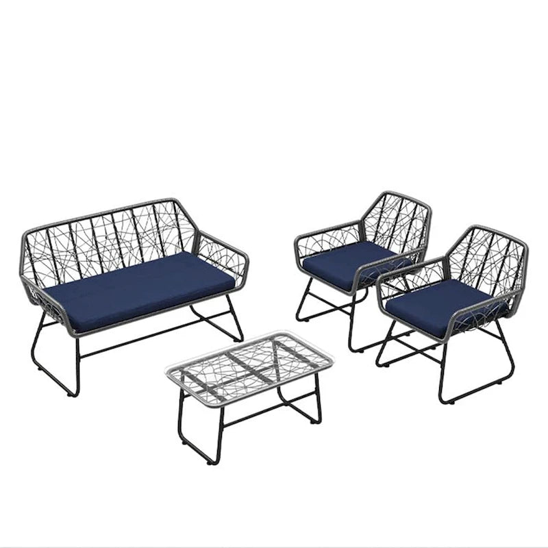 Ensemble de patio en osier 4 pièces avec table en verre trempé et coussins bleus amovibles