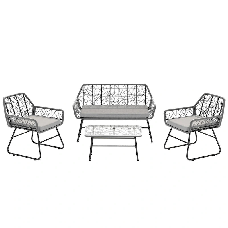 Ensemble de patio en osier 4 pièces avec table en verre trempé et coussins bleus amovibles