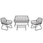 Ensemble de patio en osier 4 pièces avec table en verre trempé et coussins bleus amovibles