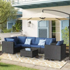 Ensemble de mobilier de patio 7 pièces avec coussins bleus et table basse