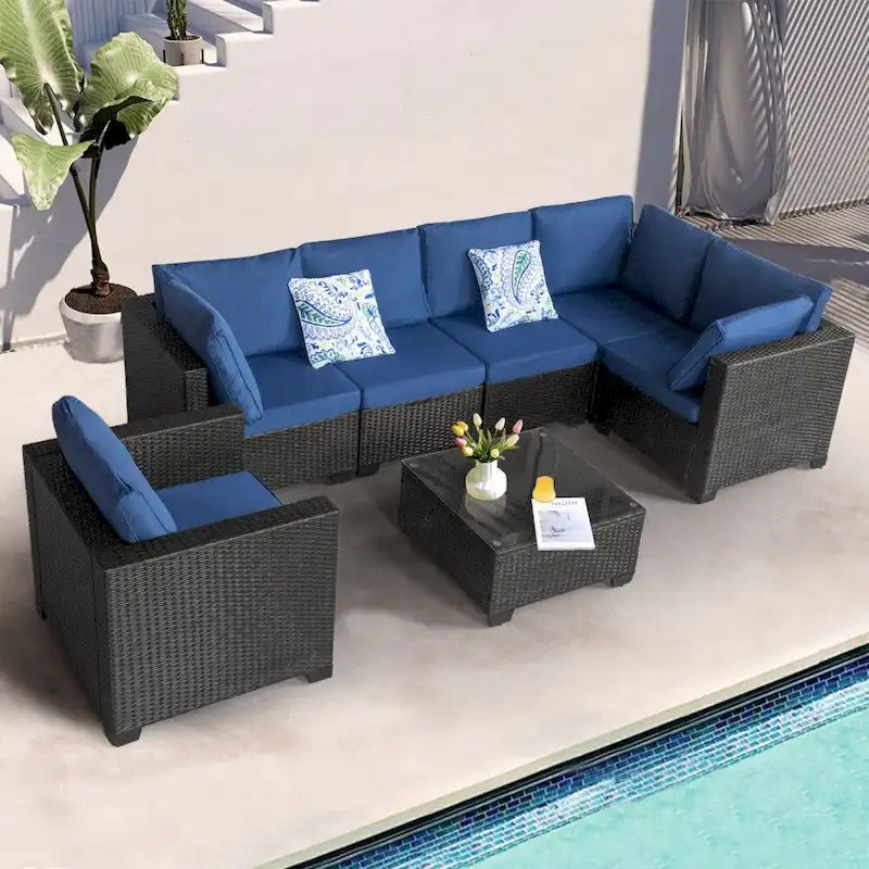 Ensemble de mobilier de patio 7 pièces avec coussins bleus et table basse