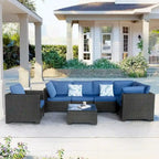 Ensemble de mobilier de patio 7 pièces avec coussins bleus et table basse