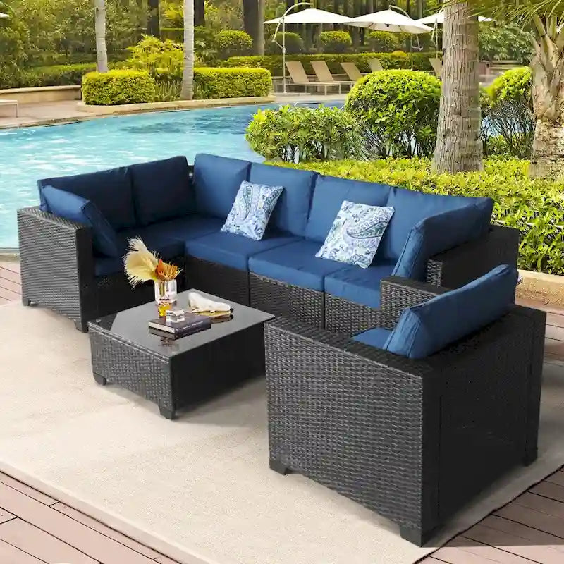 Ensemble de mobilier de patio 7 pièces avec coussins bleus et table basse