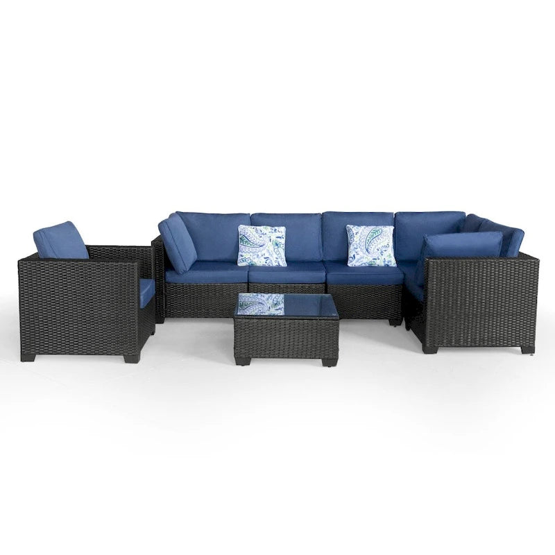 Ensemble de mobilier de patio 7 pièces avec coussins bleus et table basse