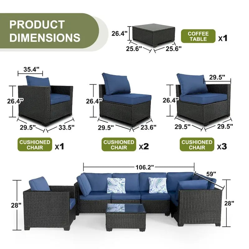 Ensemble de mobilier de patio 7 pièces avec coussins bleus et table basse