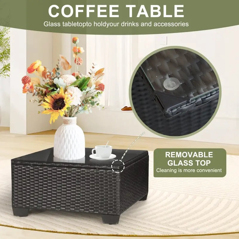 Ensemble de mobilier de patio 7 pièces avec coussins bleus et table basse